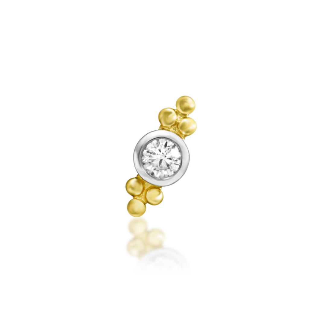 Junipurr dual gold threadless end with bezel set cubic zirconia and yellow gold bead clusters