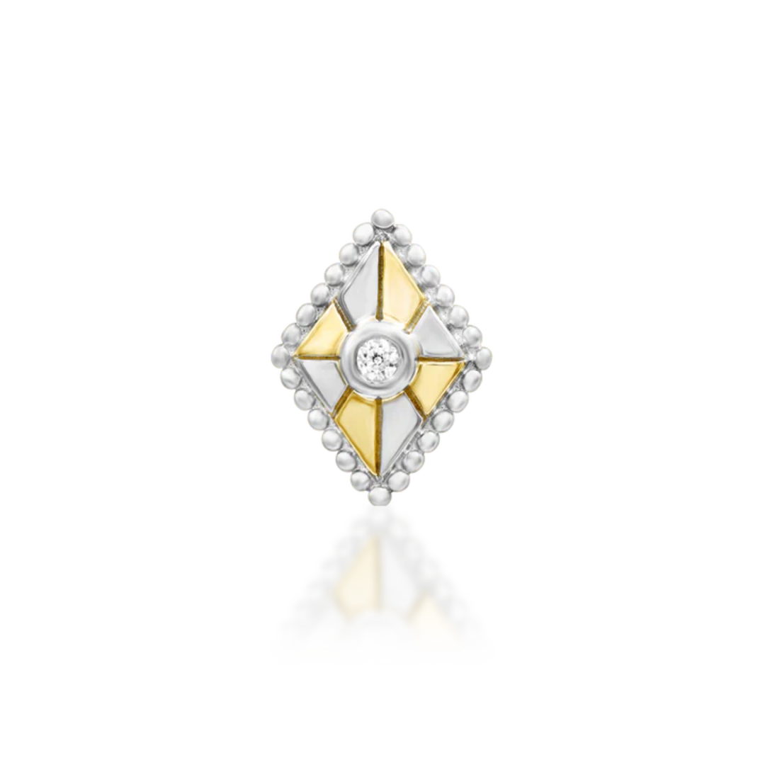 Junipurr dual gold geometric diamond threadless end with beaded border for luxury ear piercing jewellery