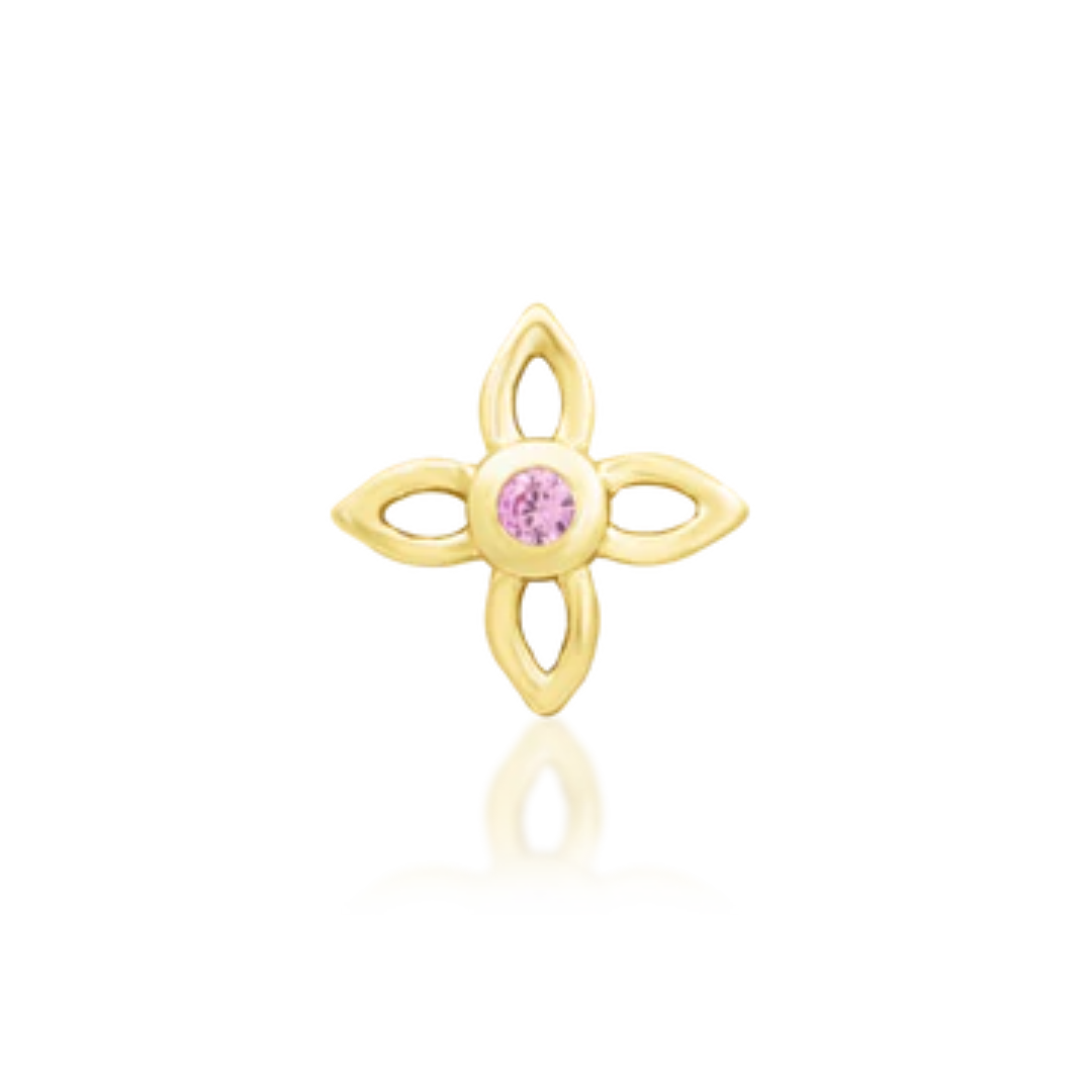 Junipurr Fleur threadless end in 14k gold with pink cubic zirconia centre, four petal flower design for lobe, helix and flat piercings