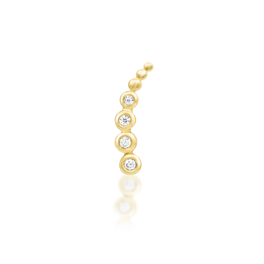 curved 14k gold threadless end with four round clear cubic zirconia stones and bead detailing