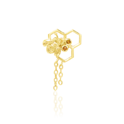 Junipurr honeycomb bee threadless end with chains and honey coloured CZ, 14k gold piercing jewellery