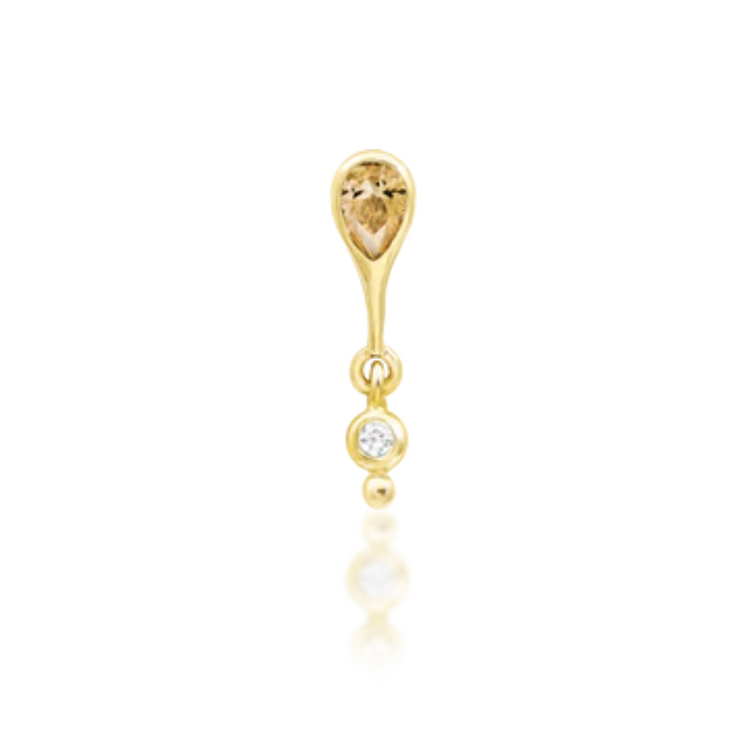 junipurr leilani champagne cz drop end in 14k gold with pear stone and clear cz accent