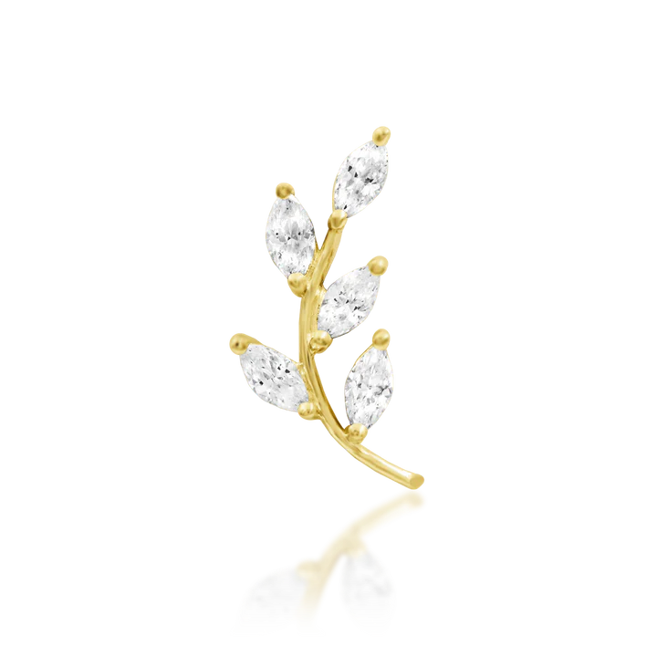 Junipurr Vedia marquise branch CZ piercing end in yellow, white, and rose gold, elegant curved leaf design for helix and conch piercings