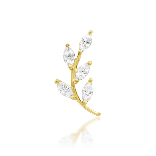 Junipurr Vedia marquise branch CZ piercing end in yellow, white, and rose gold, elegant curved leaf design for helix and conch piercings