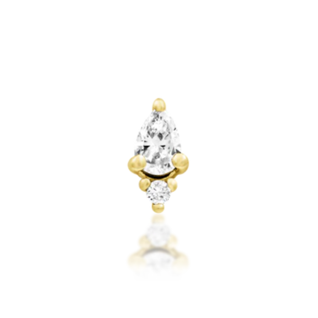 14k gold pear-cut CZ piercing end with round accent stone and gold bead details