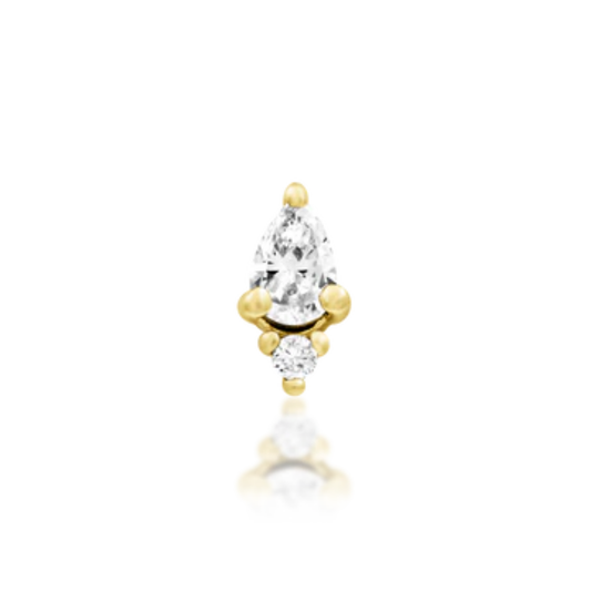 14k gold pear-cut CZ piercing end with round accent stone and gold bead details