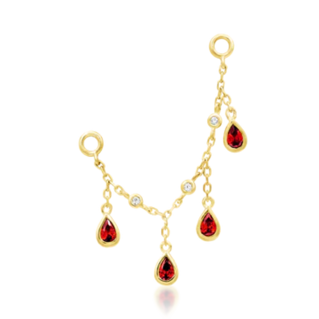 gold double chain piercing charm with red teardrop garnet and white CZ accents