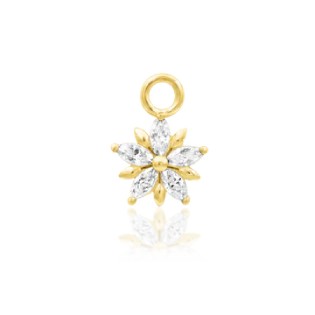 gold flower-shaped piercing charm with marquise-cut CZ petals