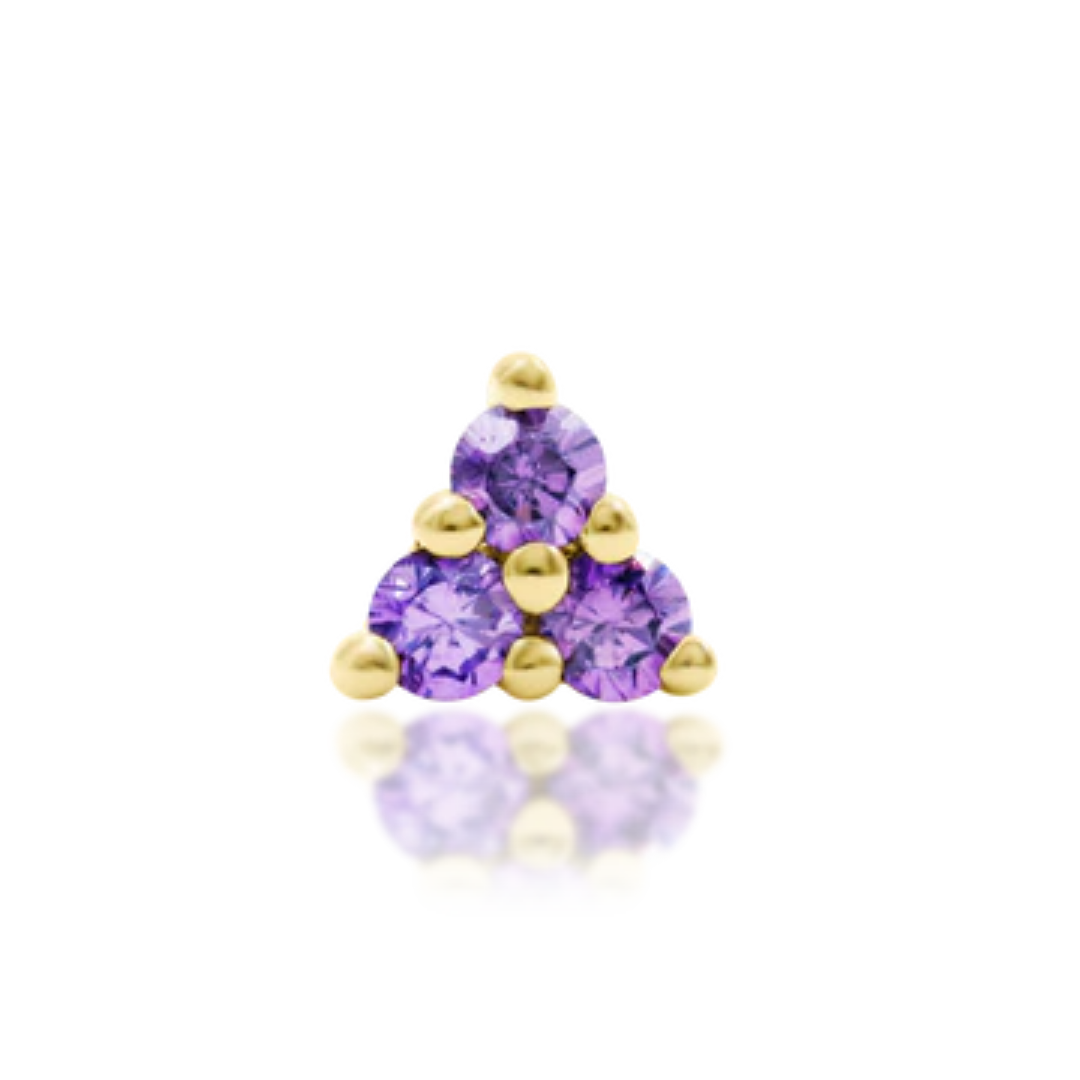 14k gold triangular piercing end with three lavender CZ stones