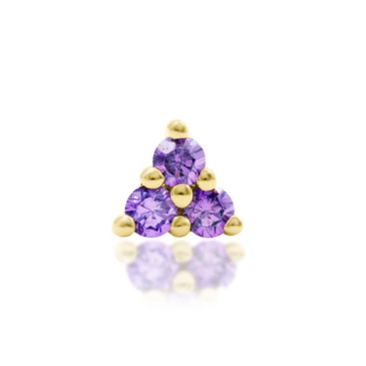 14k gold triangular piercing end with three lavender CZ stones