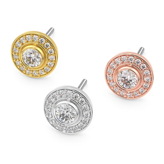 Le Roi 14k gold 16 Stone Round threadless end with central CZ and surrounding halo of sixteen stones, shown in yellow, white, and rose gold