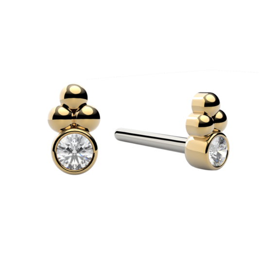 Le Roi 14k solid gold 3 bead bezel threadless end with central CZ stone, polished luxury body piercing jewellery available in yellow, white, and rose gold