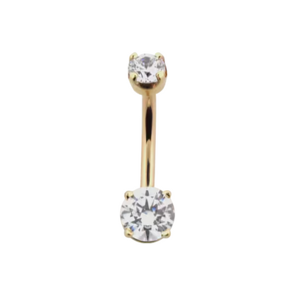 Le Roi 14k gold 4 Prong Round navel bar with two round-cut CZ stones in prong settings, shown in yellow, white, and rose gold