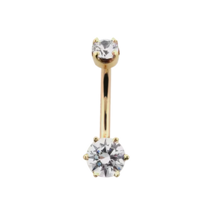 Le Roi 14k gold 6 Prong Round navel bar with two round-cut CZ stones in secure six-prong settings, shown in yellow, white, and rose gold