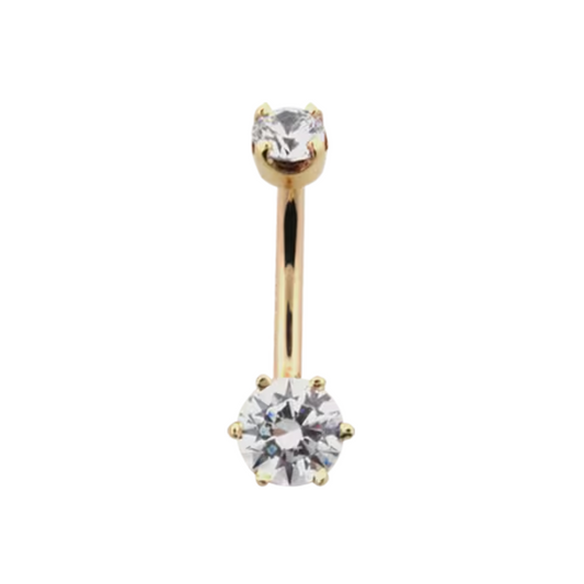 Le Roi 14k gold 6 Prong Round navel bar with two round-cut CZ stones in secure six-prong settings, shown in yellow, white, and rose gold