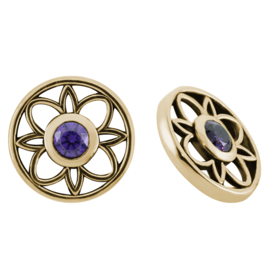 Le Roi 14k gold Art Floral threadless end with openwork flower design and central purple gemstone, shown in yellow, white, and rose gold