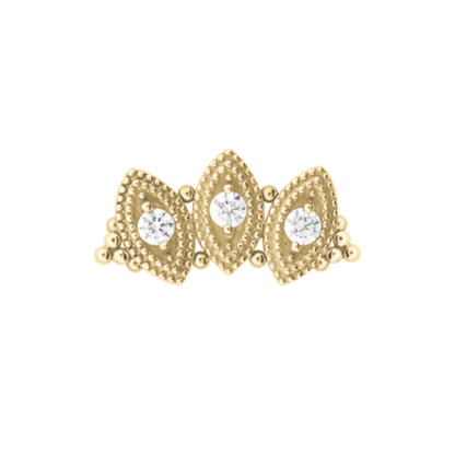 Le Roi 14k gold Clara threadless end with three marquise-shaped motifs framed in milgrain beading and set with CZ stones, available in yellow, white, and rose gold