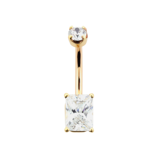 Le Roi 14k gold Emerald Navel Bar with emerald-cut CZ stone and round CZ accent, set in prongs, available in yellow, white, and rose gold