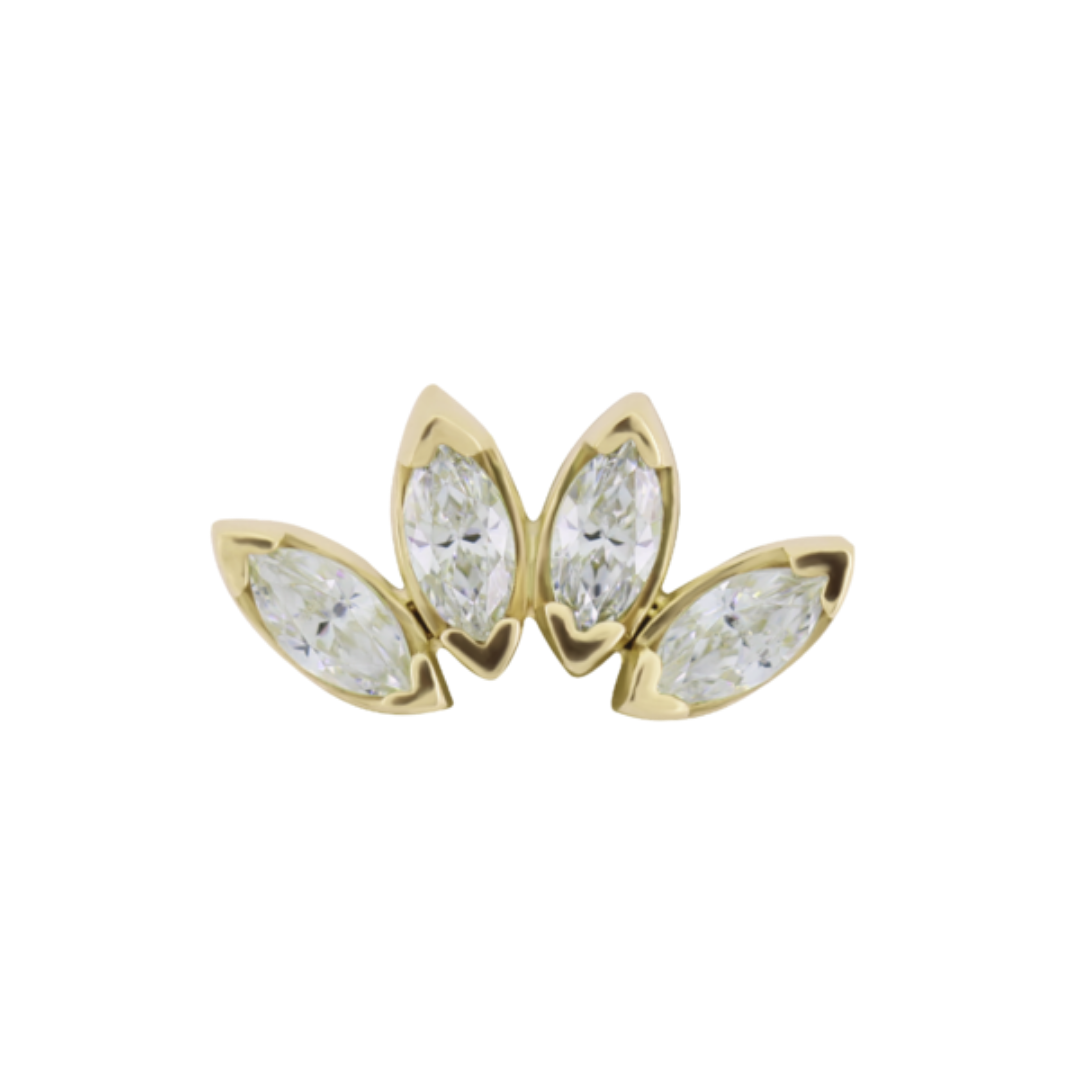 Le Roi 14k solid gold Lya threadless end with three marquise-cut CZ stones in a fan-shaped cluster, available in yellow, white, and rose gold
