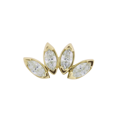 Le Roi 14k solid gold Lya threadless end with three marquise-cut CZ stones in a fan-shaped cluster, available in yellow, white, and rose gold