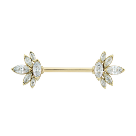 Le Roi 14k gold Mae nipple bar with marquise-cut CZ clusters arranged in floral formations, shown in yellow, white, and rose gold