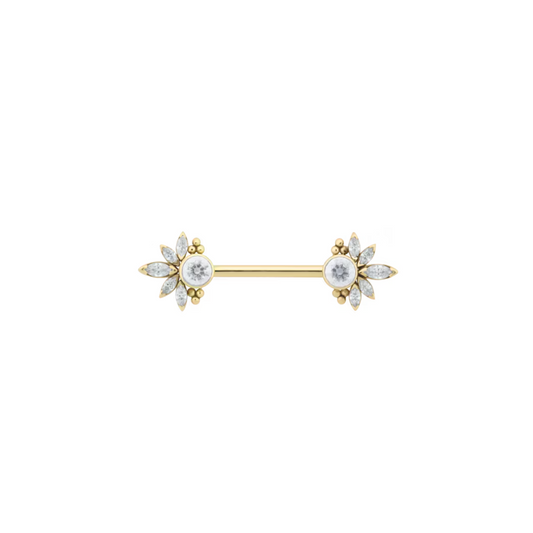 Le Roi 14k gold Marceline nipple bar with bezel-set CZ centres, gold bead accents, and marquise-cut CZ petals, shown in yellow, white, and rose gold