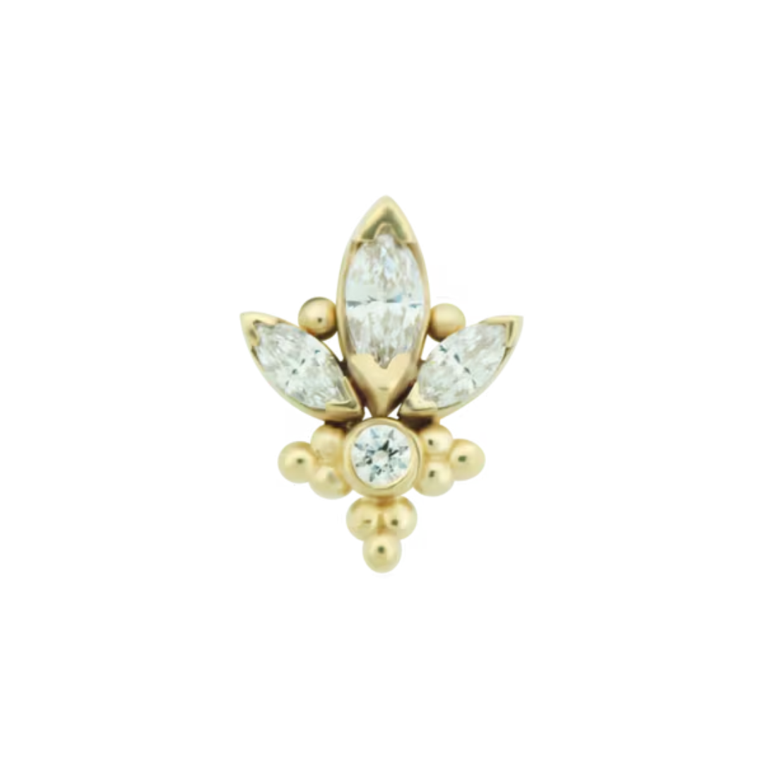Le Roi 14k solid gold Marion threadless end with marquise-cut CZ stones and central bezel-set CZ, accented with polished bead detailing, available in yellow, white, and rose gold