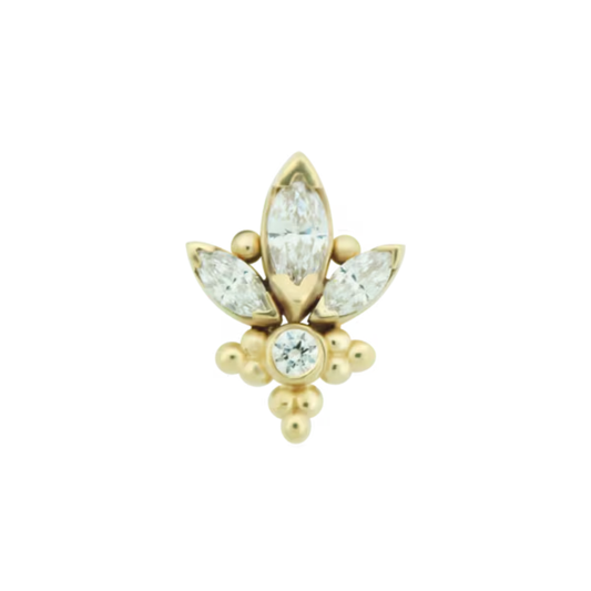 Le Roi 14k solid gold Marion threadless end with marquise-cut CZ stones and central bezel-set CZ, accented with polished bead detailing, available in yellow, white, and rose gold