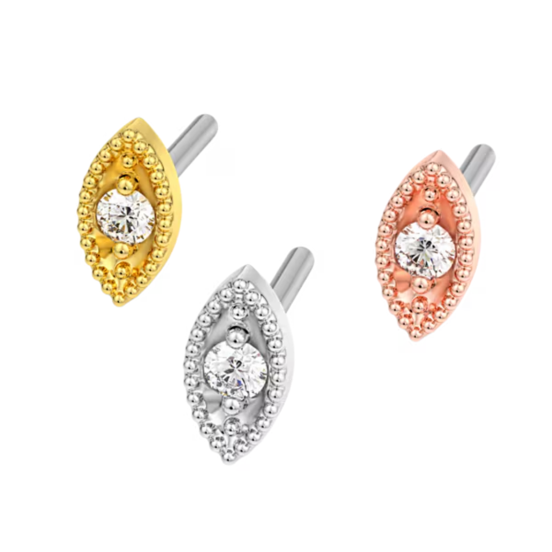 Le Roi 14k solid gold Millgrain Marquise threadless ends with central CZ stone framed by detailed millgrain beading, shown in yellow, white, and rose gold