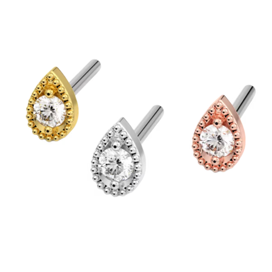 Le Roi 14k solid gold Millgrain Pear threadless ends with central CZ stone and decorative millgrain beading, shown in yellow, white, and rose gold