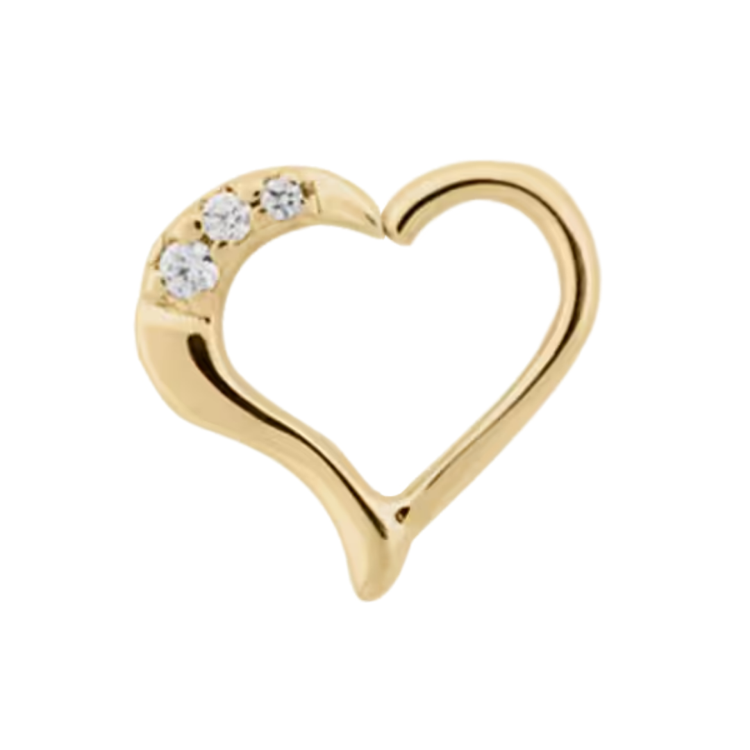 Le Roi 14k gold heart shaped ring with three clear gemstones on the curve, designed for daith or septum piercings