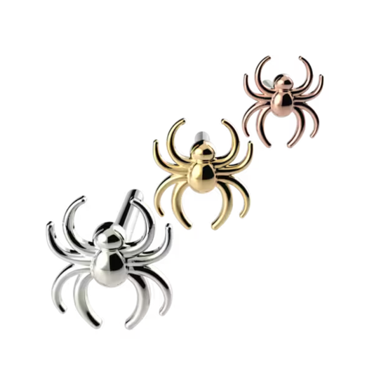 Le Roi 14k solid gold spider-shaped threadless ends with polished finish, shown in yellow, white, and rose gold