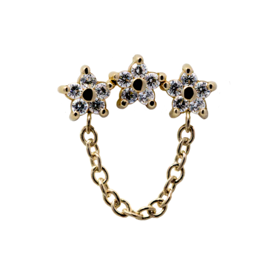 Le Roi 14k solid gold StarLight end with three star-shaped CZ clusters connected by a delicate gold chain, available in yellow, white, and rose gold