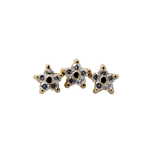 Le Roi 14k gold StarShine end featuring three CZ-studded star motifs, shown in yellow, rose, and white gold with rhodium finish