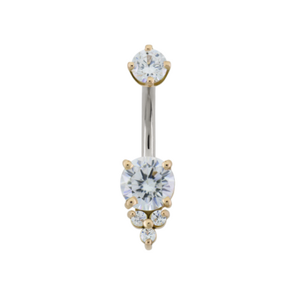 Le Roi hybrid triple melee navel bar with CZ stones in 14k gold prongs and implant grade steel stem