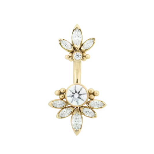 Le Roi Lillian navel bar in 14k gold with bezel-set CZ centre stone, marquise accents, and bead detailing