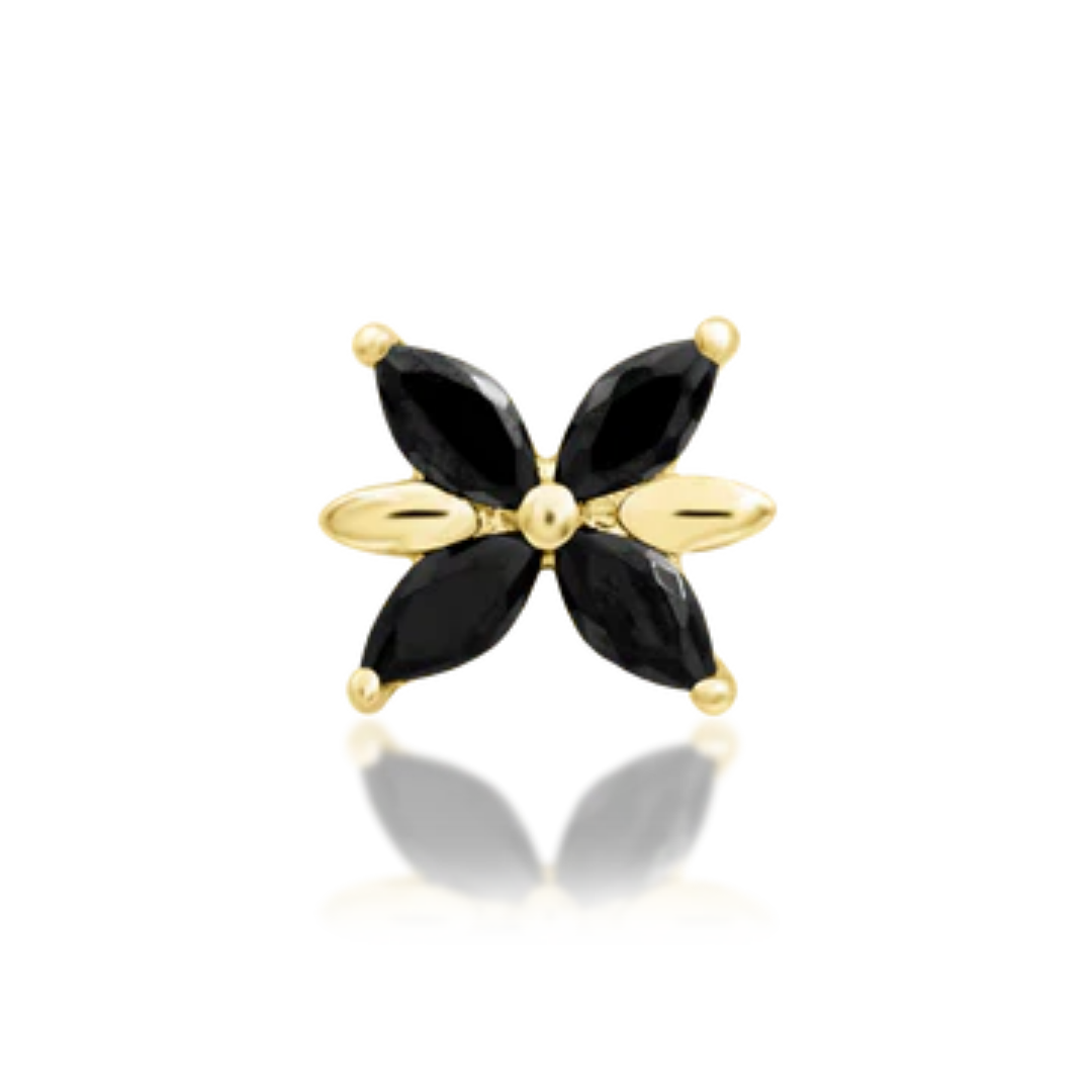 14k gold floral piercing end with marquise-cut black CZ stones and gold petal accents