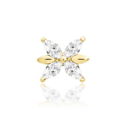 14k gold floral piercing end with marquise-cut white CZ stones and gold petal details