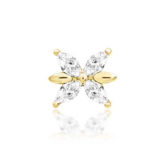14k gold floral piercing end with marquise-cut white CZ stones and gold petal details