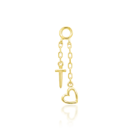 gold "Love Hurts" dangle charm featuring a dagger and open heart on delicate chains