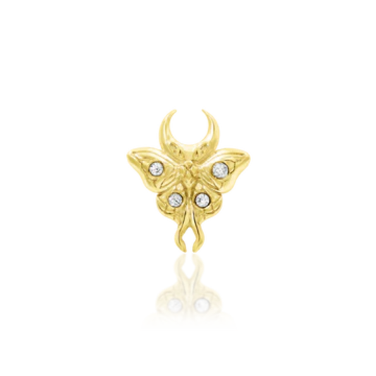 14k gold moth-shaped piercing end with crescent moon and white CZ accents