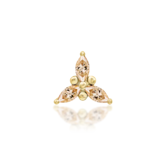 14k gold piercing end with marquise-cut champagne CZs and gold bead accents