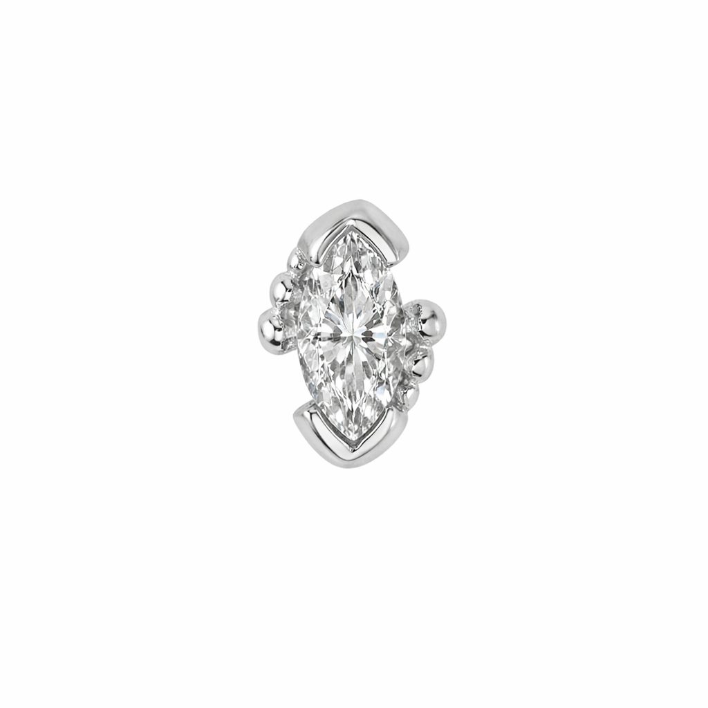 14k white gold marquise v prong threadless end with 4mm diamond and bead accents