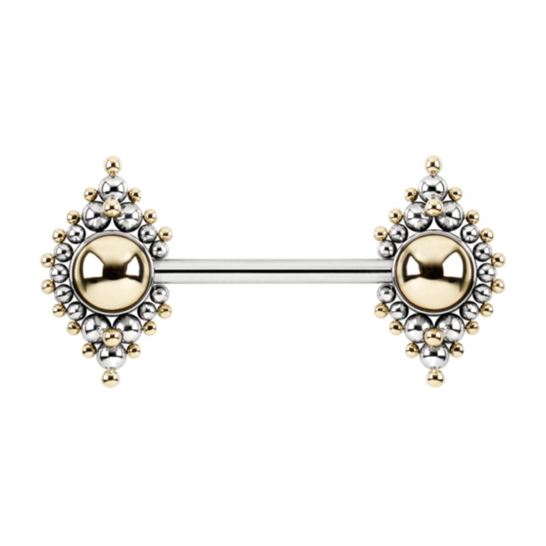 Elegant two tone gold and silver Millicent side set nipple bar with intricate beaded detailing