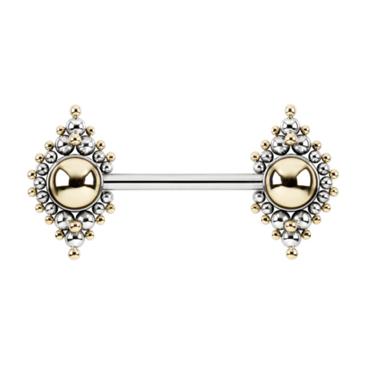 Elegant two tone gold and silver Millicent side set nipple bar with intricate beaded detailing