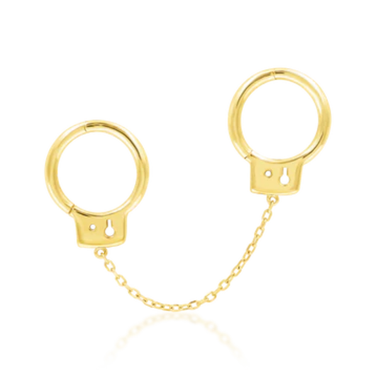 14k gold double hoop piercing with handcuff design and connecting chain