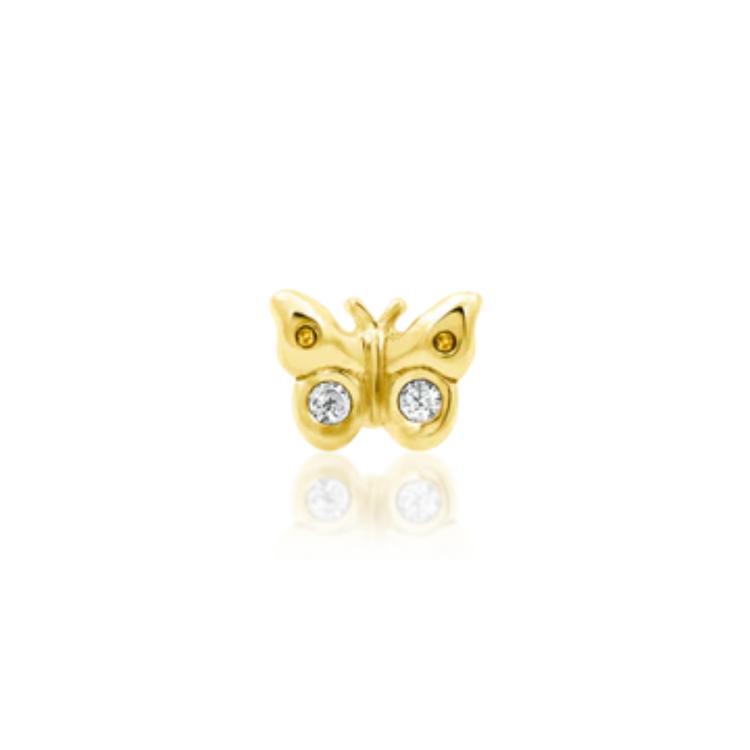 Mini 14k gold butterfly piercing end with two white CZ accents