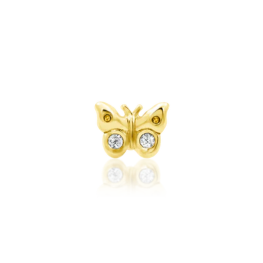 Mini 14k gold butterfly piercing end with two white CZ accents
