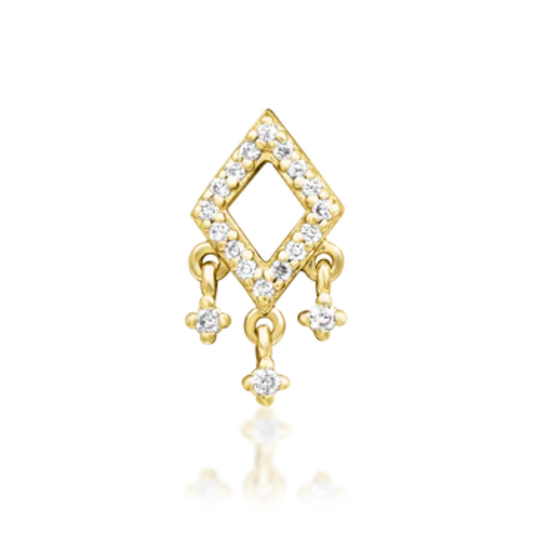 14k gold diamond-shaped piercing end with diamonds and three dangling diamond drops