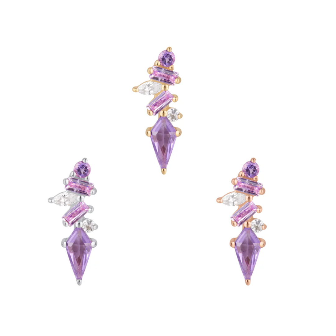 Mixt threadless end featuring amethyst and pink sapphire in solid gold – statement piercing jewellery for a luxe and colourful ear curation.